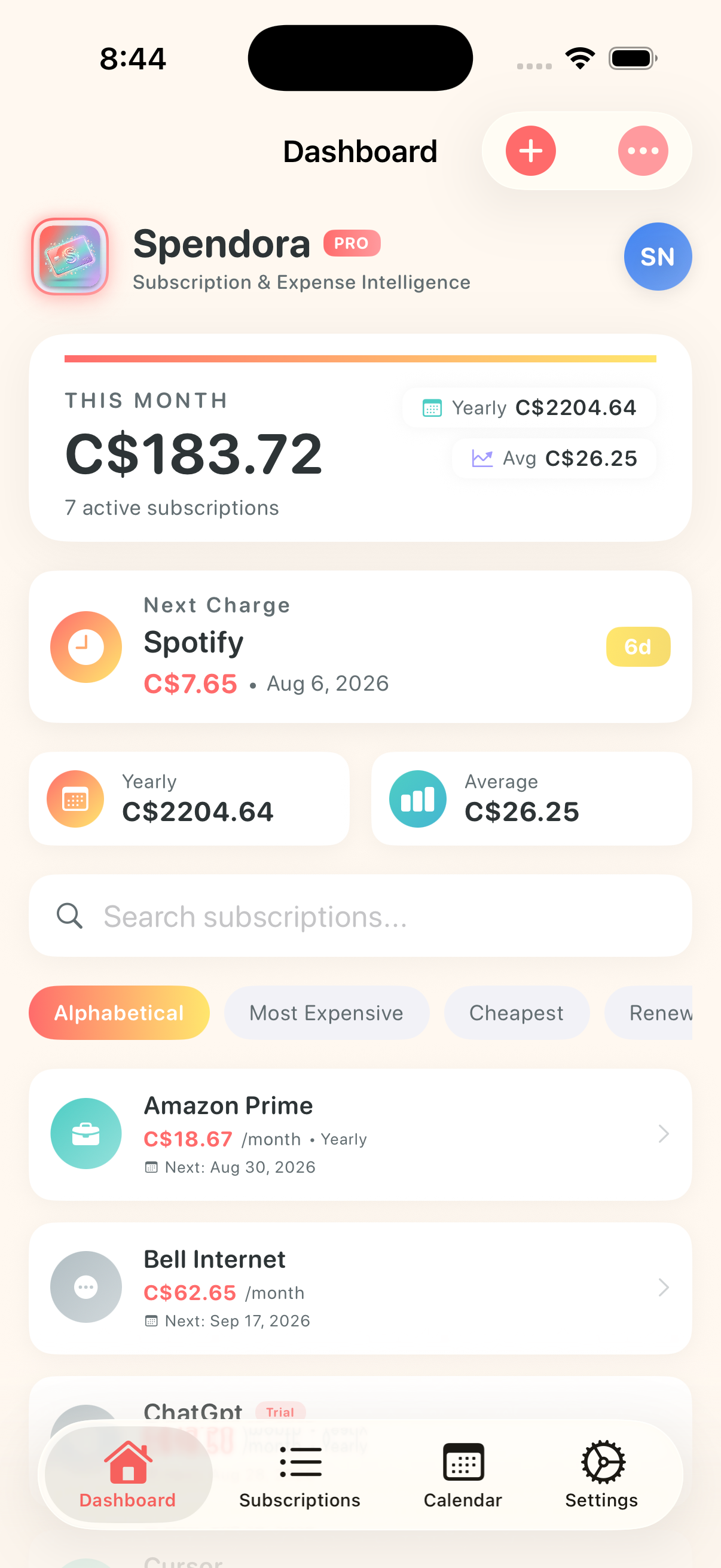 Spendora iOS App Interface